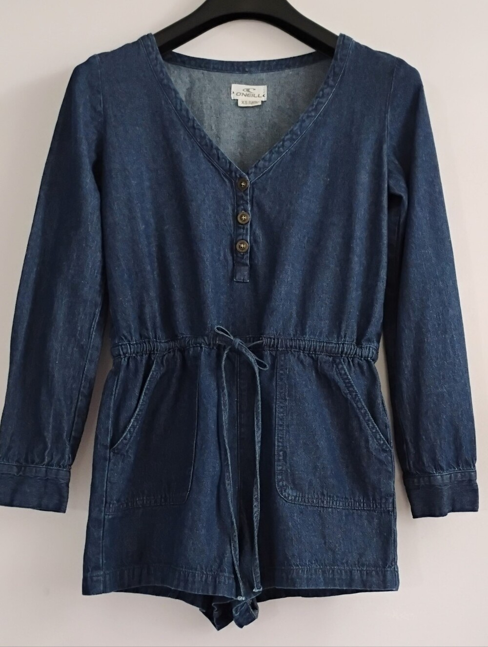 O'Neill Women's Blue Denim Shorts Romper Drawstring Waist XS